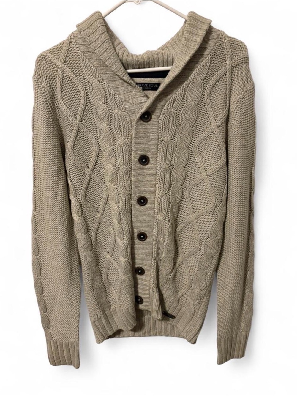 Brave Soul Men's Shawl Collar Cable Knit Cardigan - Taupe